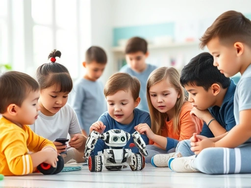 A diverse group of children of various ages, from toddlers to teenagers, engaged in different future-oriented learning activities like coding with robots, collaborative problem-solving, and critical thinking discussions in a futuristic, bright classroom setting.