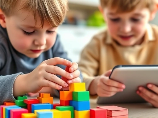 A close-up shot of a young child's hands building with colorful coding blocks, while an older child uses a tablet to interact with a virtual AI assistant, emphasizing hands-on and digital learning for future education.