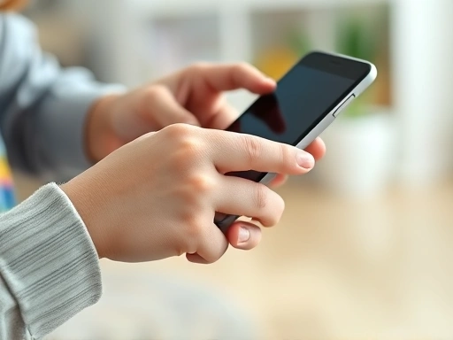 A close-up of a child's hand holding a smartphone, with a parent's hand gently guiding or pointing at the screen, symbolizing parental guidance and supervision for digital literacy, in a blurred home environment.
