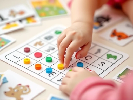 A close-up of a child's hand placing a colorful piece on a memory game board, surrounded by flashcards, with a soft-focus background of other learning materials.
