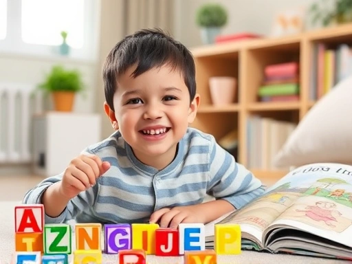 A cheerful 6-10 year old child happily engaged in a play-based English learning activity at home with colorful alphabet blocks and picture books, showing natural interaction.
