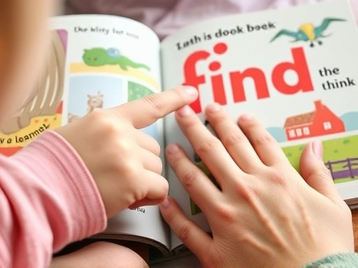 Close-up of a child's hand pointing at an English word in a vibrant picture book, with a parent's hand gently guiding, emphasizing shared reading and interactive learning.