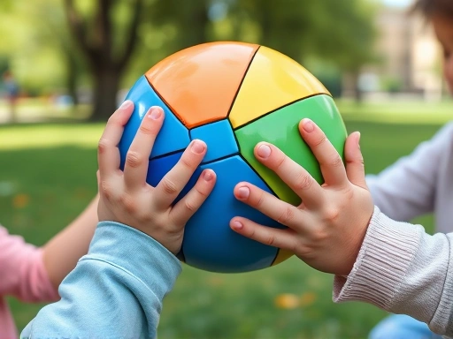Close-up of children's hands playing with a colorful ball in a park, emphasizing coordination, fun, and healthy physical development during outdoor play.