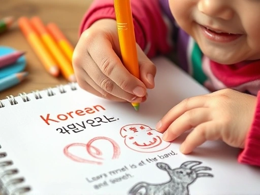A close-up of a child's hand drawing a picture related to a Korean proverb on a sketchbook, with colorful pencils and a happy expression.