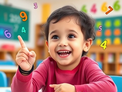 A vibrant scene of a young child, around 8 years old, excitedly solving mental math problems in a bright, modern classroom, surrounded by colorful numbers and math symbols, showcasing cognitive engagement.