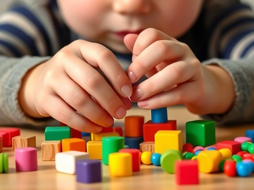 Close-up of a child's hands carefully manipulating colorful math blocks or counting beads, symbolizing tactile learning and foundational mental math skill development.