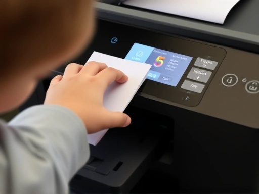 Close-up of a child's hand inserting a paper into a printer's tray, with a focus on the printer's interface showing an ongoing print job for educational content.