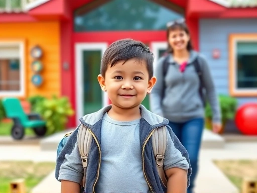 A child aged 6-7, looking confident and happy, holding a small backpack, walking towards a colorful kindergarten building, with a parent smiling proudly in the background, bright and hopeful atmosphere.