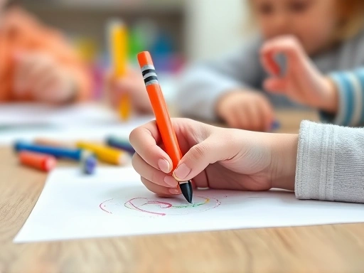 A close-up view of small hands holding a crayon, drawing on a piece of paper with other children's hands visible in a blurred kindergarten classroom setting, focusing on creativity and learning.
