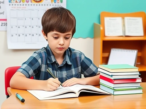 A 12-year-old elementary school student studying at a desk with textbooks and a calendar, representing preparation for middle school.