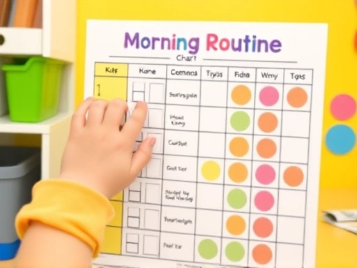 Close-up of a child's hand (6-10 years old) checking off items on a colorful, visual morning routine chart, with a cheerful and organized background, promoting self-sufficiency.
