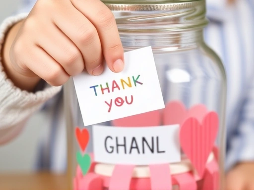 Close-up of a child's hand placing a small, colorful 'thank you' note into a 'gratitude jar' decorated with hearts, showcasing a tangible, positive act of appreciation.