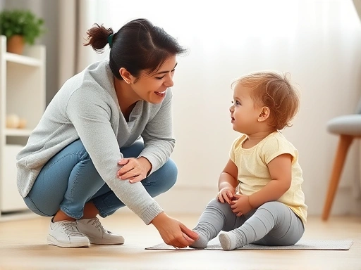 A parent patiently kneeling down, making eye contact with a smiling toddler, showing positive communication and understanding.