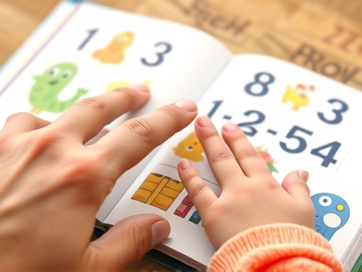 Close-up of a parent's hand pointing to numbers in a brightly illustrated children's book, with a child's small finger tracing along, showing shared reading and counting.