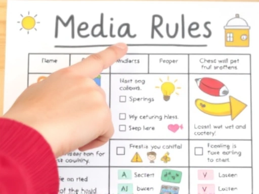 A close-up shot of a hand pointing to a media rules chart filled with colorful drawings and simple text, symbolizing clear, visual, and agreed-upon boundaries for a child's screen time.