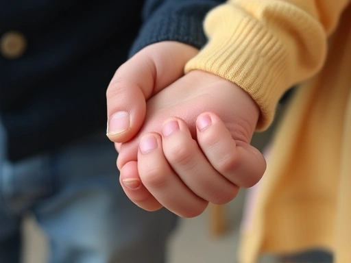 Close-up of a parent's hand gently holding a child's hand, symbolizing support and consistency during a tantrum, with soft, comforting tones.