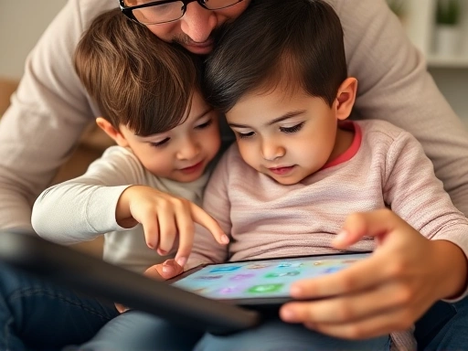 Close-up of a parent and child, aged 4-5, sitting together, with the child pointing at an educational app on a tablet screen, showing engaged interaction and shared learning, with keywords like 