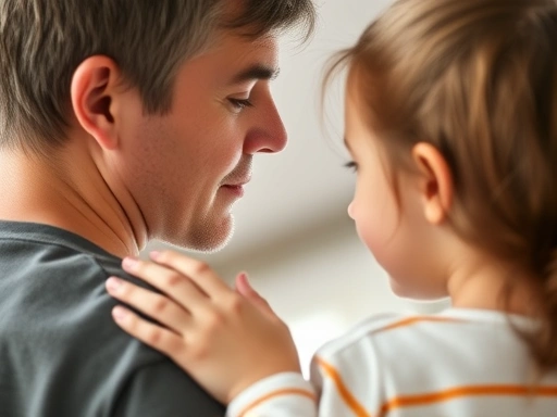 A close-up of a parent and child talking, with the parent's hand gently on the child's shoulder, conveying empathy and open communication about pre-teen changes.