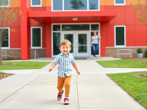 A cheerful 7-year-old child happily walking towards a vibrant, modern school building, with a parent waving goodbye in the background, conveying successful adaptation and positive feelings.