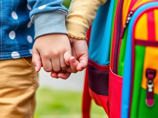 Close-up of a child's hand holding a parent's hand, with a colorful school backpack visible, symbolizing parental support and connection during the crucial school adjustment period.