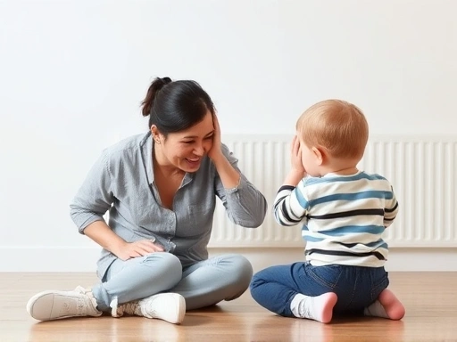 A frustrated parent sitting on the floor, looking at a toddler who is turning away, illustrating communication challenges.