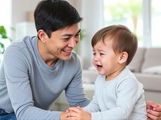 A caring parent calmly engaging with a crying 3-year-old child in a brightly lit living room, focusing on emotional regulation and connection.