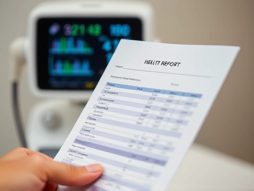A close-up image of a person's hand holding a health checkup report with a blurred medical device in the background, focusing on data and careful analysis.