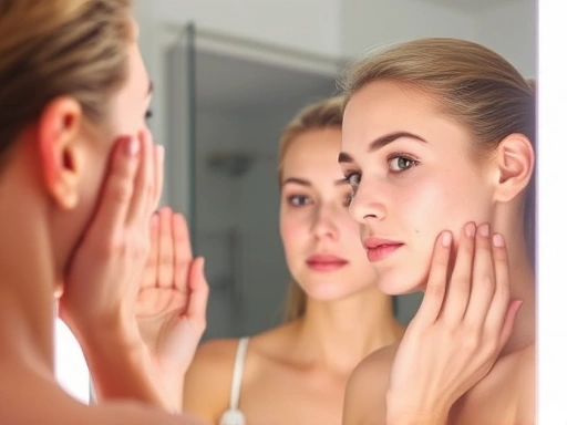 A person examining their clean face in a brightly lit bathroom mirror, focusing on different facial zones, representing a bare-face skin type test.