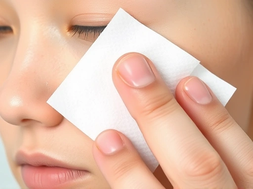 Close-up of a hand gently pressing a blotting paper onto a T-zone, showing small oil spots, representing a detailed skin type test.