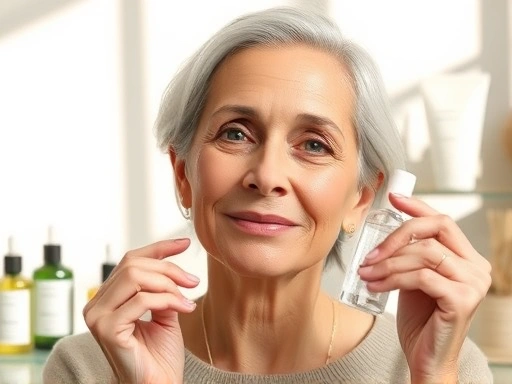 A woman with clear and radiant skin despite aging, applying a delicate serum, with a background of minimalist skincare products, soft morning light, and a touch of modern elegance.