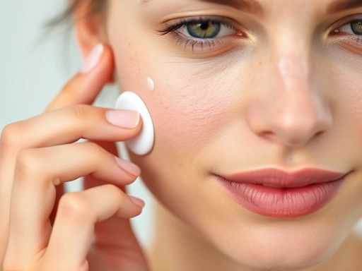 Close-up of a woman's hand gently applying a non-comedogenic sunscreen on her face, highlighting the smooth texture and light absorption, with a focus on healthy, youthful skin.