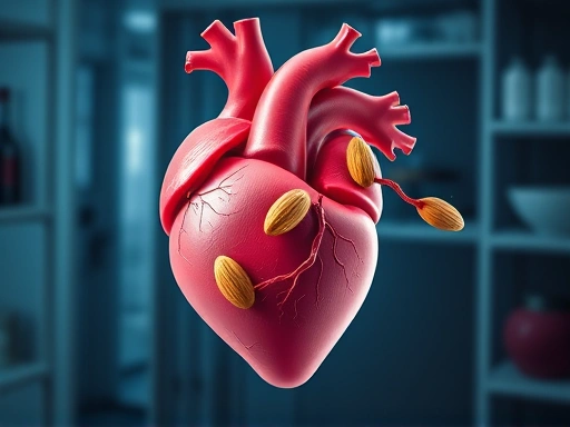A detailed scientific illustration of a heart with almonds integrated, depicting their beneficial effects on blood vessels, in a clean, modern lab setting.