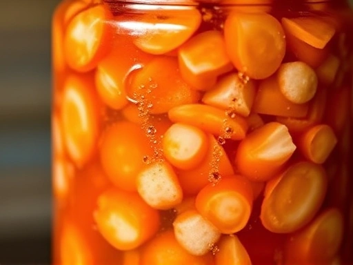 A close-up shot of bubbling, live fermented kimchi in a traditional jar, highlighting probiotics and the freshness of homemade food.