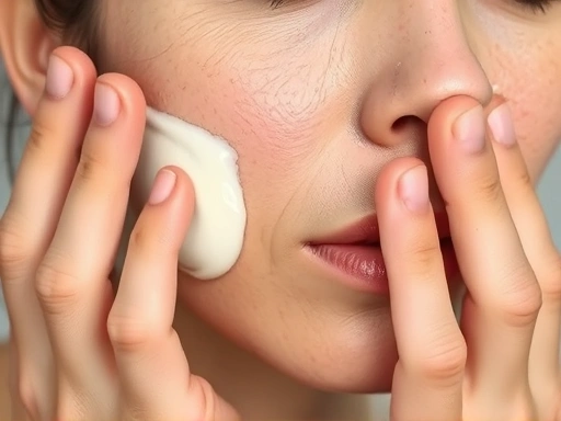A close-up shot of hands applying a rich anti-aging cream to the face, highlighting the texture and absorption, with a subtle glow on the skin, demonstrating effective skincare for hormonal changes.