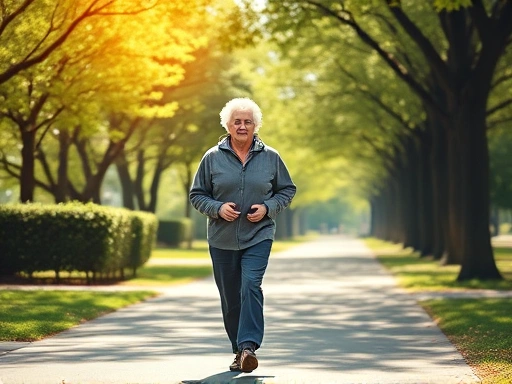 A vibrant, energetic elderly person briskly walking in a sunlit park, showcasing healthy aging, with scientific elements like DNA strands subtly integrated.