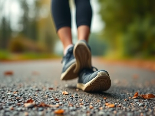 Close-up of athletic shoes on a path, with a blurred background of a person walking, symbolizing healthy activity and the journey of aging gracefully.