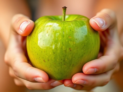 Close-up of a person's hands holding a freshly washed, glistening green apple, ready to take a bite, with a blurred natural background, emphasizing freshness and healthy eating.