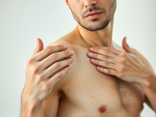 A person examining their armpit with a worried expression, soft lighting, focus on skin texture, natural light, dermatology, skincare.