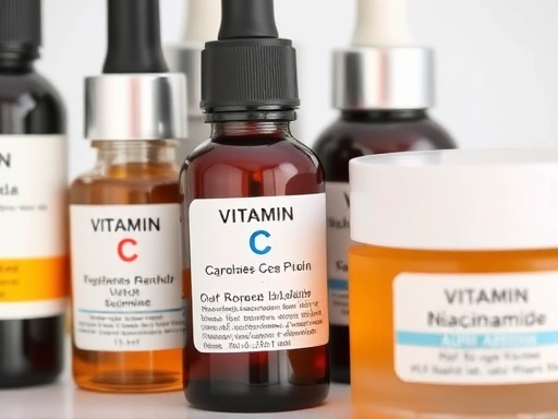 Close-up of various skincare products (serums, creams) with ingredients like Vitamin C, Niacinamide, and Alpha Arbutin on a clean background, focus on labels and textures.