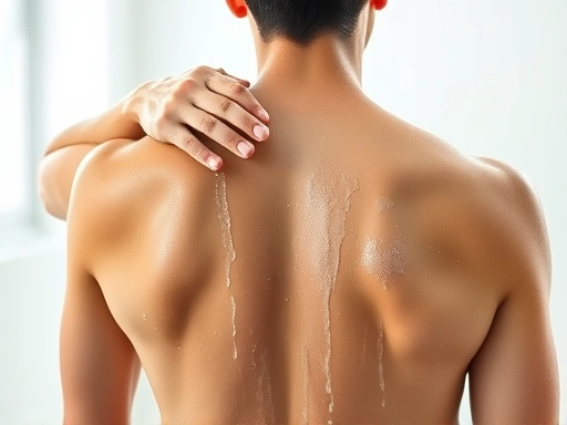 A person showering their back, gently cleaning with a soft brush, water running down, bright and clean bathroom, natural light, focusing on skin care for chest and back acne.