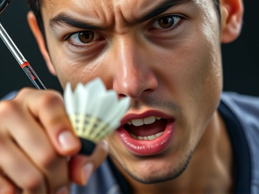 Close-up of a badminton player's intense facial expression and quick hand movement hitting a shuttlecock, sweat visible, detailed racket strings.