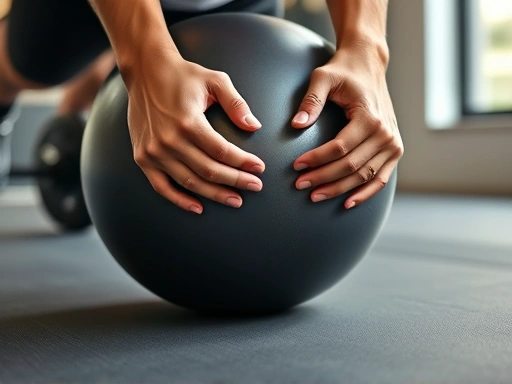 Detailed shot of a person's hands gripping a balance ball during a plank exercise, emphasizing muscle engagement and proper form.