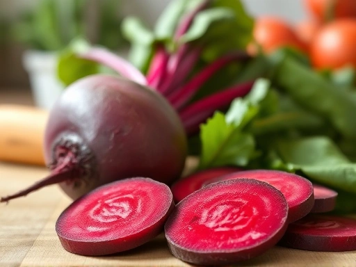 A vibrant close-up shot of fresh, whole beetroot next to sliced beetroot, emphasizing its rich red color and earthy texture, with a blurred background suggesting a healthy kitchen environment, symbolizing natural blood circulation benefits.