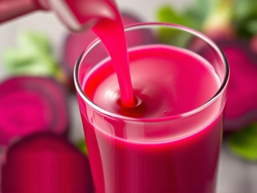 A detailed macro shot showing a glass of bright red beetroot juice being poured, with a few fresh beetroot slices and green leaves in the background, highlighting the liquid's smooth texture and vibrant color, representing the direct consumption method for blood health.