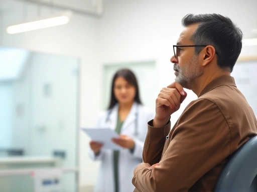 A person thoughtfully looking at blood test results with a doctor explaining in a modern, clean clinic setting, realistic, professional, bright lighting, focus on interaction, general health theme, SEO keywords: blood test results, health management, doctor consultation.