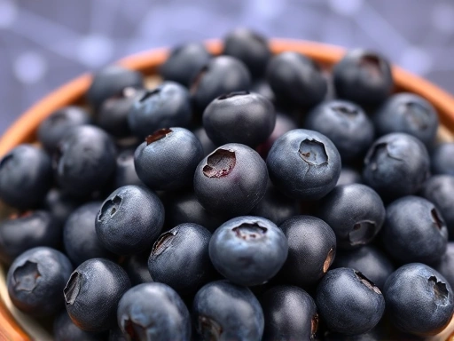 A vibrant bowl of fresh blueberries, emphasizing their deep purple color, with a subtle background suggesting brain activity or neural connections, representing antioxidants protecting the brain.