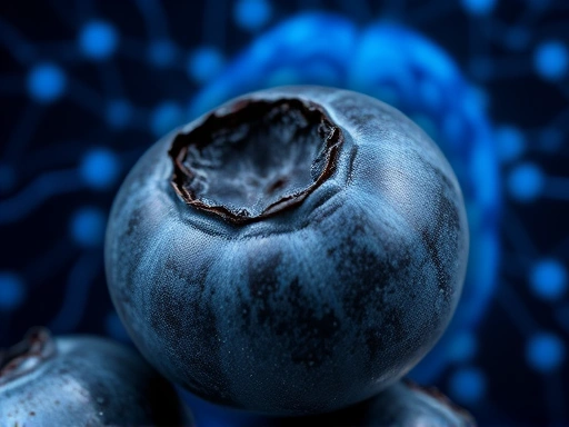 Close-up of a single ripe blueberry, showcasing its texture and bloom, with a subtle, abstract representation of neural networks and glowing brain cells in the background, symbolizing neuroprotection and cognitive enhancement.