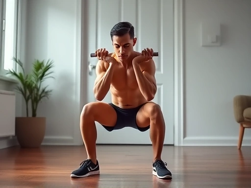A person performing a perfect bodyweight squat in a bright, minimalist home setting, with focus on muscle engagement and proper form.