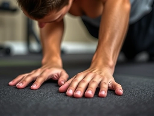 A close-up shot of hands placed correctly on the floor for a push-up, demonstrating proper finger and wrist alignment for stability.