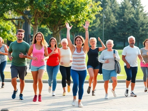 A diverse group of people, young and old, engaging in various bone-strengthening activities like walking, yoga, and weightlifting, in a bright, modern park setting, emphasizing community and health.